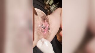 Master fisting my butt after inflating my unshaved snatch.