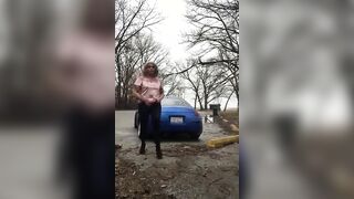 Crossdresser outside jerk off