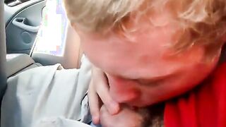 Blowing a friend in the car and he cums in my mouth