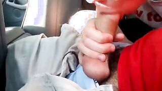 Blowing a friend in the car and he cums in my mouth