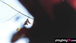 Acrobatic beauty stripping in the woods