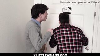 Asian Pizza delivery teenie tricked into 3 way sex by two
