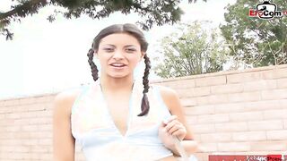 Slim dark hair Barely Legal with small hooters pick up for a