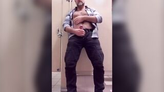 Bear Jerking Off at Work in Restoom