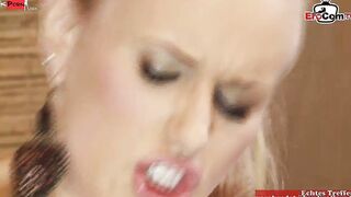 Cum on feet after screwed the blonde slut with big hooters