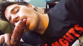 Buddy blows me on the couch while I stroke him CIM swallow