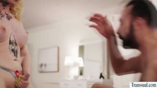 Busty Ladyboy analed guy bed seller