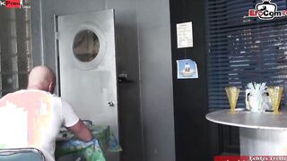 Blonde beauty in high heels and with long boobs getting an booty creampie