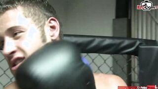 Dark Haired slut with gigantic titties fucking a boxer in the