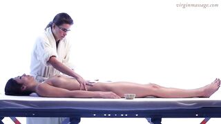Dark Haired babe Adrien first time massaged