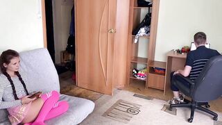 While the brother watches the sex tape the little sister Fucks