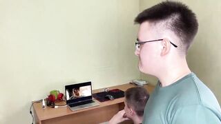 While the brother watches the sex tape the little sister Fucks