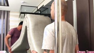 Stunning Lady Boy Bruna Castro Blows and Fucks 2 Delivery Guys