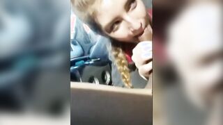 Blonde college girl with braids sucks cock in the car
