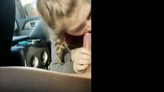 Blonde college girl with braids sucks cock in the car