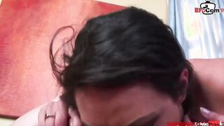 Black haired slut with natural tits getting a cummed on her tits