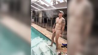Married hunk jerks off over the pool while smoking