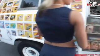Thin blonde cheerleader barely legal pick up for sex into a