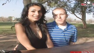Slender ebony haired MILF shared by her husband whos watch