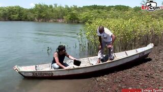 Curly dark hair Latina boned in her butt inside an outdoors three way