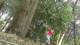 Petite MILF make 3-way mmf inside forest with cum in