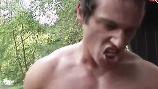 Petite MILF make 3-way mmf inside forest with cum in