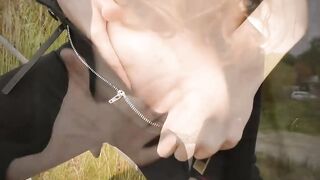 Cute barely legal pulls down her jeans and masturbates into a outside place