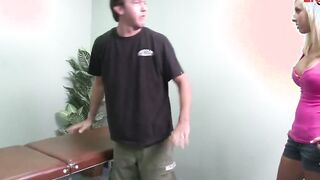 Blonde skank with amazingly hot breasts fucked on the massage table