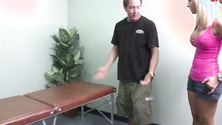 Blonde skank with amazingly hot breasts fucked on the massage table