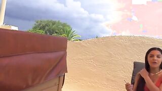 Ella Cruz is hanging out on her friend's nice rooftop sunbathing when the friend's dad
