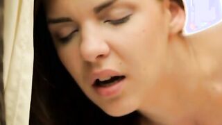 Dressed inside a flowing white dress, beautiful dark haired Hennessy wanders outdoors and finds her gf Totti sleeping in a chaise