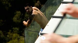 Smoking Cutie Vanessa Sixxx stares at the super sexy see of her glass balcony and spies her man, Marco Rivera, on