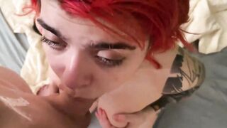 Inked red haired devours a long meat pole
