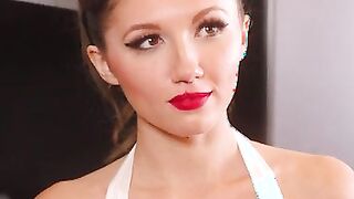 Cutie 50s housewife Maya Woulfe slips on a record as she waits for her husband, Nathan Bronson, to come home.