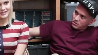 Suspicious Blonde 19 Yo Caught Stealing get Banged! in the Backroom