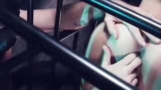 Caged whore fucking two long dicks hard