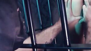 Caged whore fucking two long dicks hard