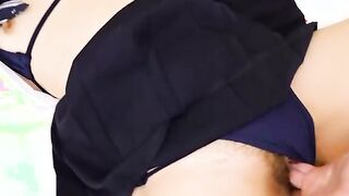 Rin Nanba comes back inside a cute uniform to show off her sweet hairy pussy
