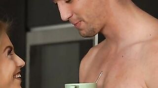 Bonnie Dolce slides out of the bedroom she shares with Jimmy Bud apartment and makes herself comfortable. Grabbing two coffee