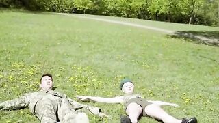 Tiny Blonde Soldier Lika Model Practices following any Order of Turned On Sergeant in Army Boot Camp