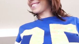 Cute bimbos In Football Outfit Getting Her Big Melons Oiled