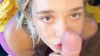 Russian blonde girl sucked the guy and swallowed the sperm at the end