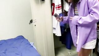 Tiny Skinny Dark Haired Sneaks inside Football Player's Dorm Room and Getting Disciplined by his Gigantic Dick
