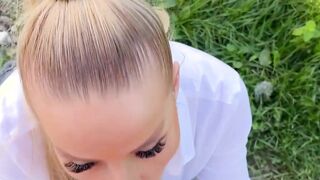 Blonde cougar blows my penis inside the garden
