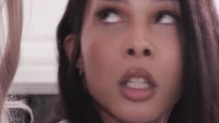 Two busty TS having anal sex in kitchen