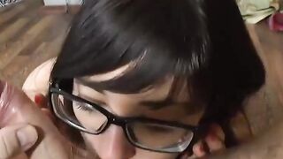 Stepsister with glasses sucks a penis in point of view