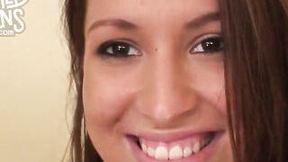 Brand new dark hair teen with gigantic jugs and a plump ass sucks
