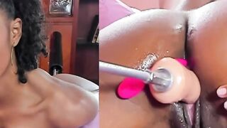 Sweet ebony pussy machine drilled to squirt