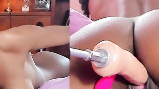 Sweet ebony pussy machine drilled to squirt