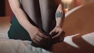 Cute teenie rips her pantyhose open and masturbates to an orgasm